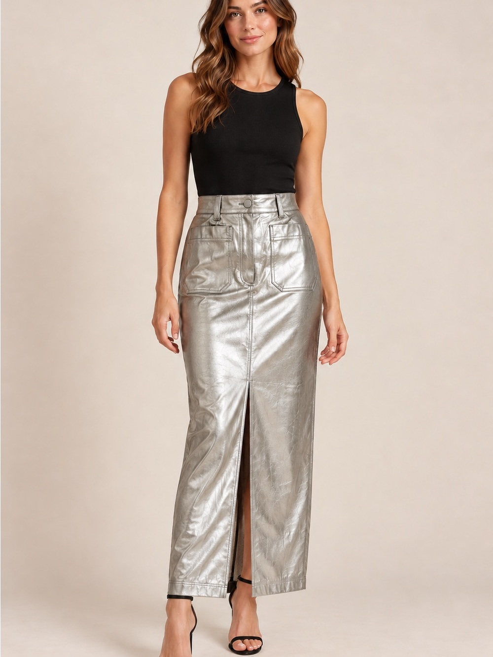 Anthropologie Metallic Silver High-Rise Maxi Skirt with Center Front Slit